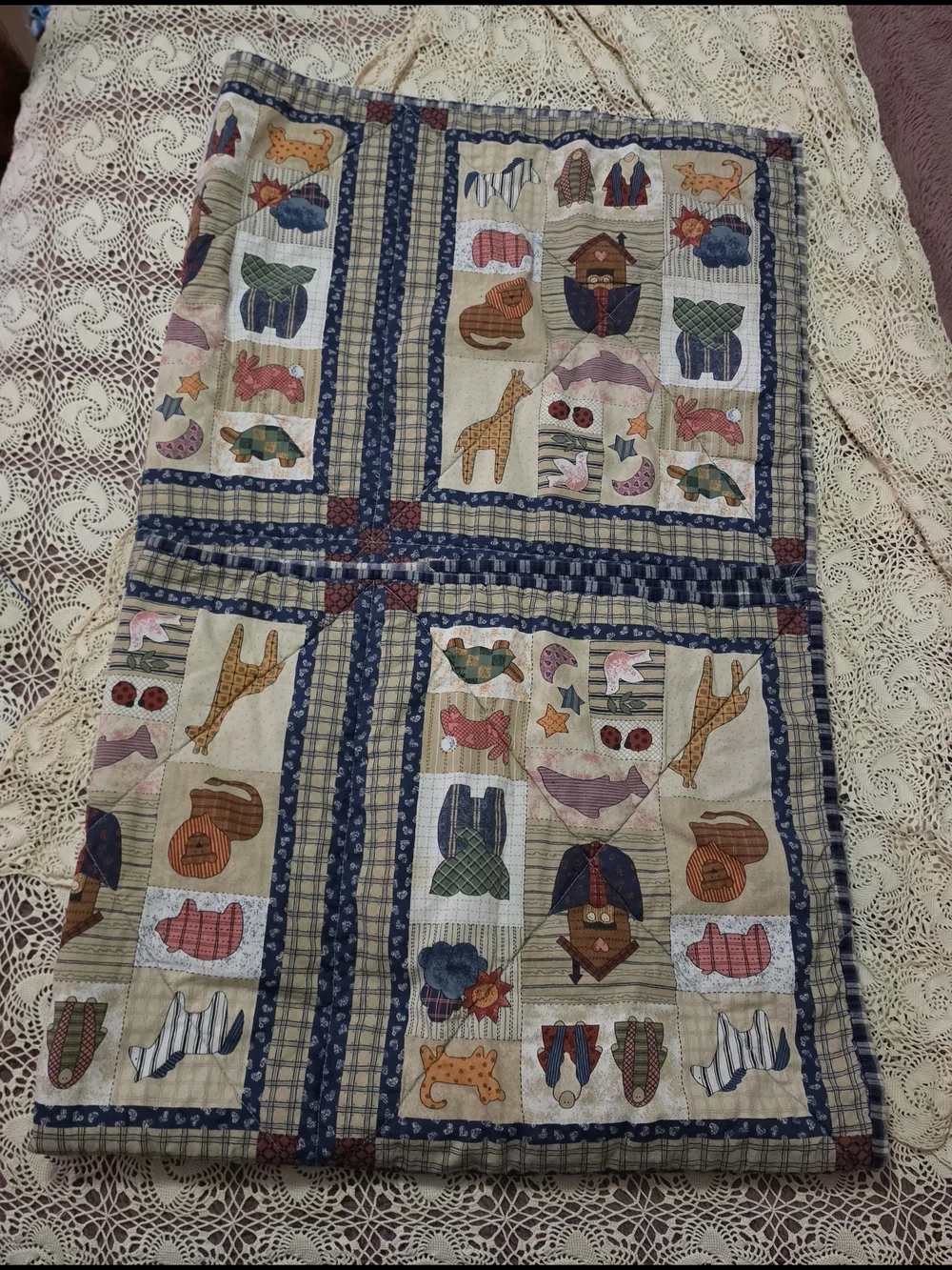 Vintage Patchwork Quilt with Blue, Cream & Pink Accents